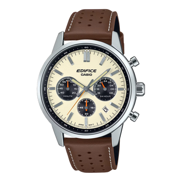 Casio Edifice EFR-575L-7ADF – Elegant Chronograph Watch for Men (Cream Dial | Brown Leather Strap | 100M Water Resistance