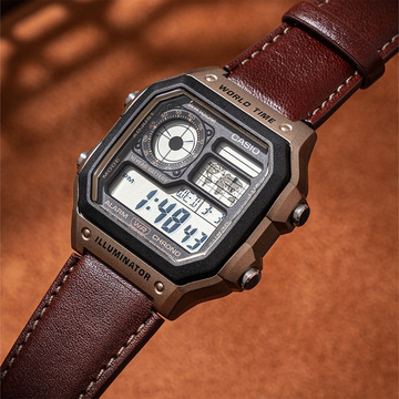 CASIO AE-1200WHL-5AVDF Men’s Digital Watch – Brown Leather Strap, World Time, 100M Water Resistant, 10-Year Battery