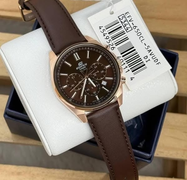 Casio Edifice EFV-650CL-5AVUDF – Brown Chronograph Watch with Rose Gold Accents (Leather Strap | 100M Water Resistance)