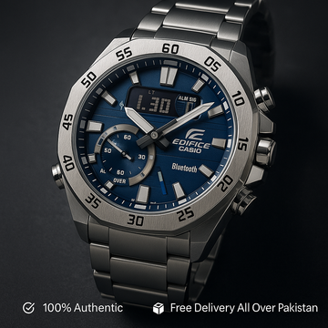 Edifice Casio watch with blue dial and silver metal strap on a dark background