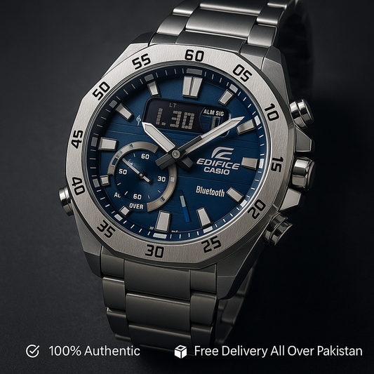 Edifice Casio watch with blue dial and silver metal strap on a dark background